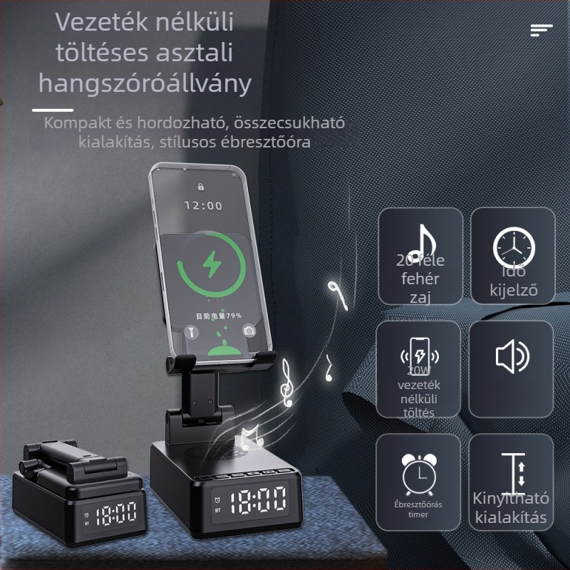 3-in-1 összecsukható telefon-tartó 15W-os vezeték nélküli töltéssel, Bluetooth hangszóró, ébresztőóra és fehér zaj alváshoz