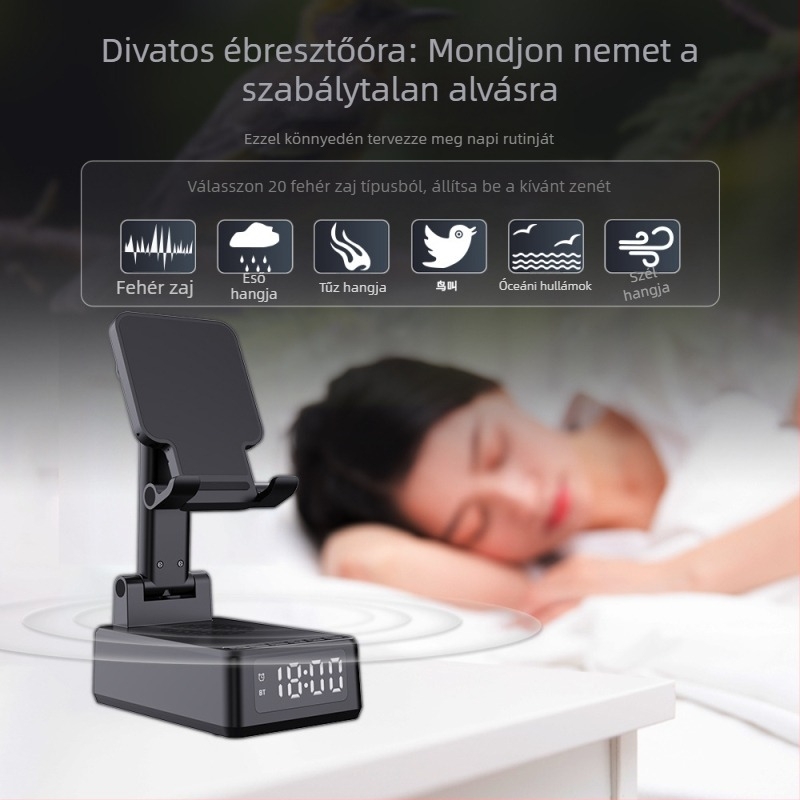 3-in-1 összecsukható telefon-tartó 15W-os vezeték nélküli töltéssel, Bluetooth hangszóró, ébresztőóra és fehér zaj alváshoz