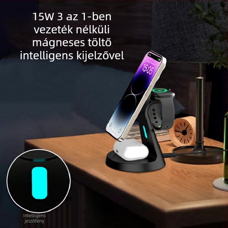 3 az 1-ben vezeték nélküli mágneses gyorstöltő iPhone 12-höz, telefonhoz, fejhallgatóhoz és órához
