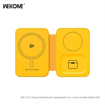 WEKOME Hordozható összecsukható 3-in-1 vezeték nélküli töltő mágneses függőleges telefon-tartóval, 15W gyors töltés, 3A kimenet, QC3.0