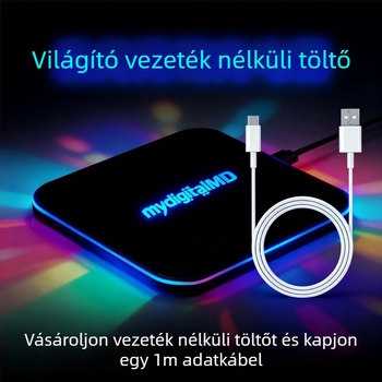 Négyzet alakú világító tükrös vezeték nélküli töltő, alumíniumötvözetből, 15W, Type-C, gyors töltés, logó nyomtatás