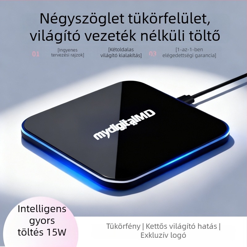 Négyzet alakú világító tükrös vezeték nélküli töltő, alumíniumötvözetből, 15W, Type-C, gyors töltés, logó nyomtatás