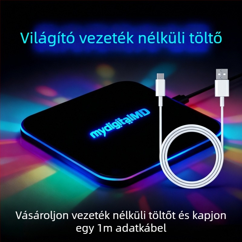 Négyzet alakú világító tükrös vezeték nélküli töltő, alumíniumötvözetből, 15W, Type-C, gyors töltés, logó nyomtatás