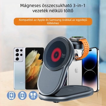 Összecsukható mágneses 3-in-1 vezeték nélküli töltő, kompatibilis órákkal, 15W gyorstöltés