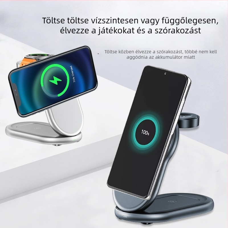 Összecsukható mágneses 3-in-1 vezeték nélküli töltő, kompatibilis órákkal, 15W gyorstöltés