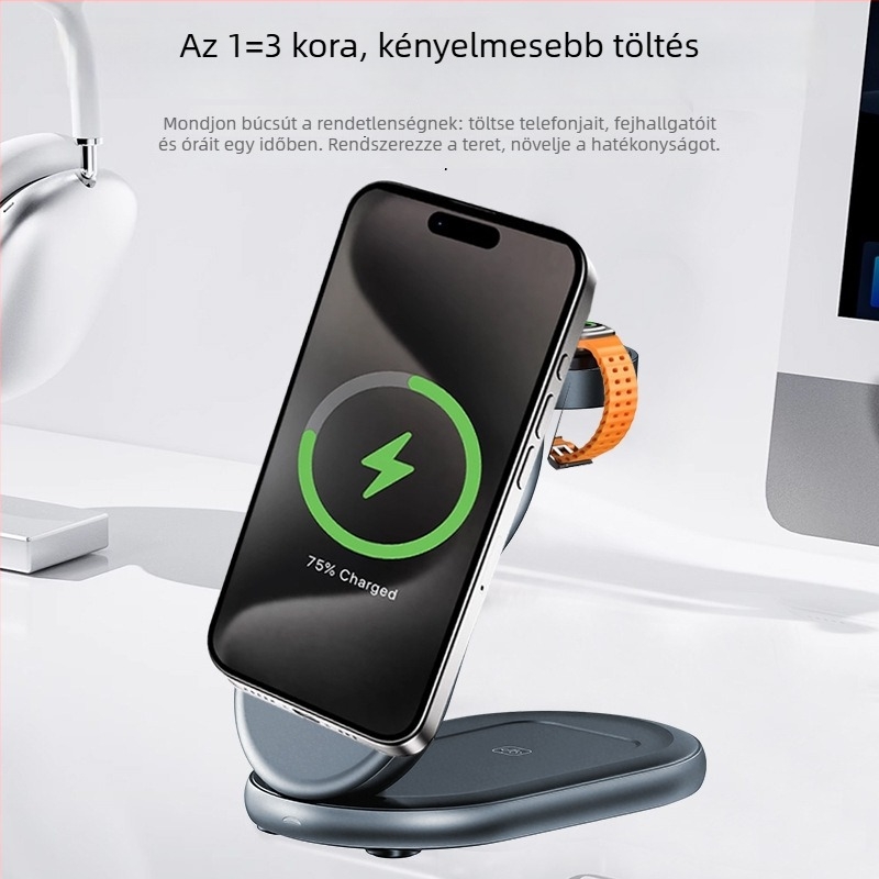 Összecsukható mágneses 3-in-1 vezeték nélküli töltő, kompatibilis órákkal, 15W gyorstöltés