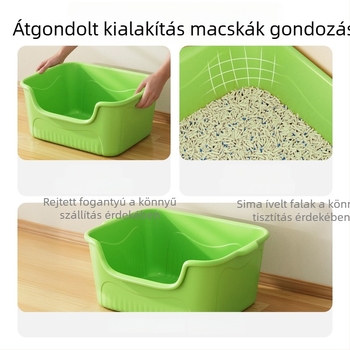 Óriási méretű nyitott macskaalomkuka, fröccsenés elleni védelemmel, félig zárt