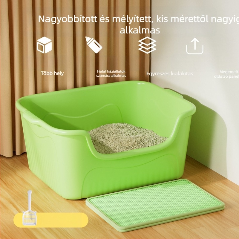 Óriási méretű nyitott macskaalomkuka, fröccsenés elleni védelemmel, félig zárt