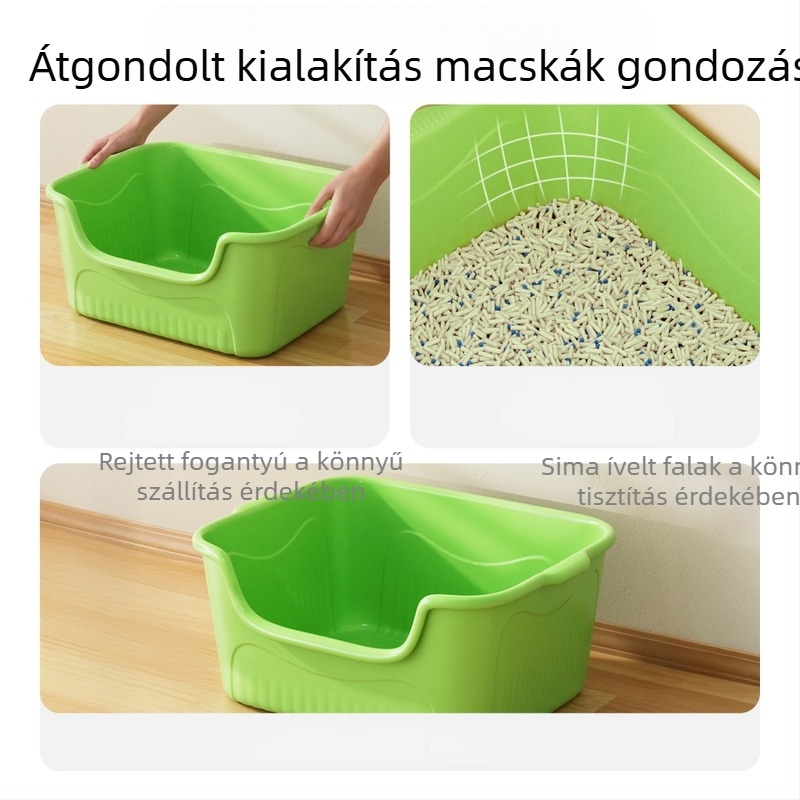 Óriási méretű nyitott macskaalomkuka, fröccsenés elleni védelemmel, félig zárt