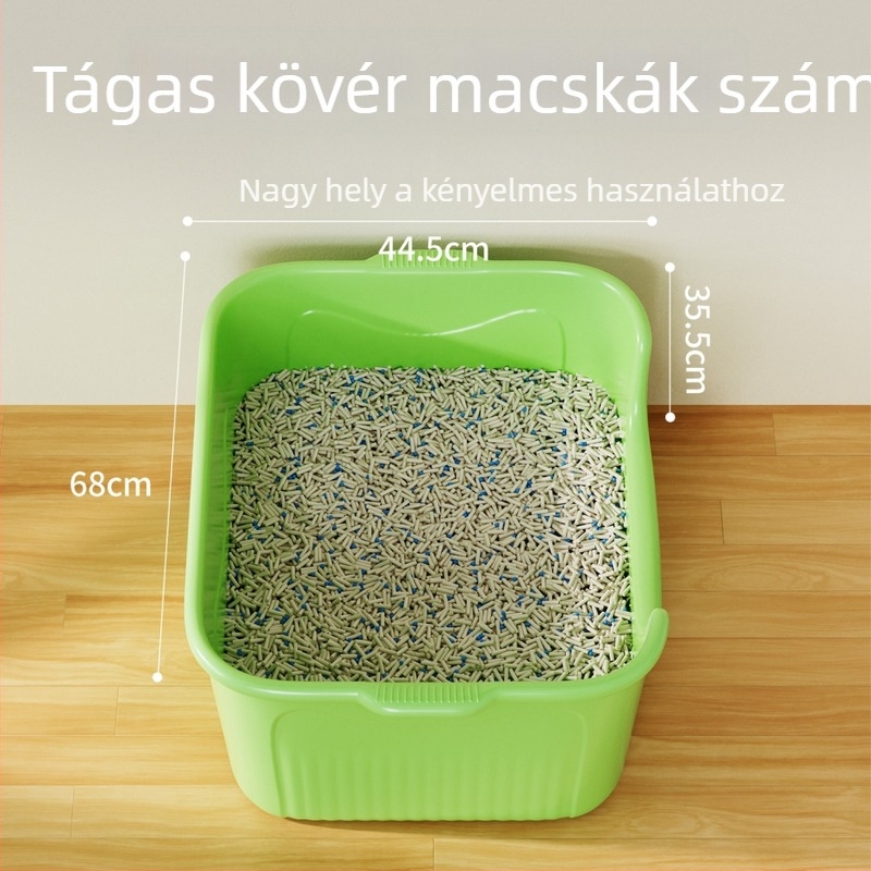 Óriási méretű nyitott macskaalomkuka, fröccsenés elleni védelemmel, félig zárt