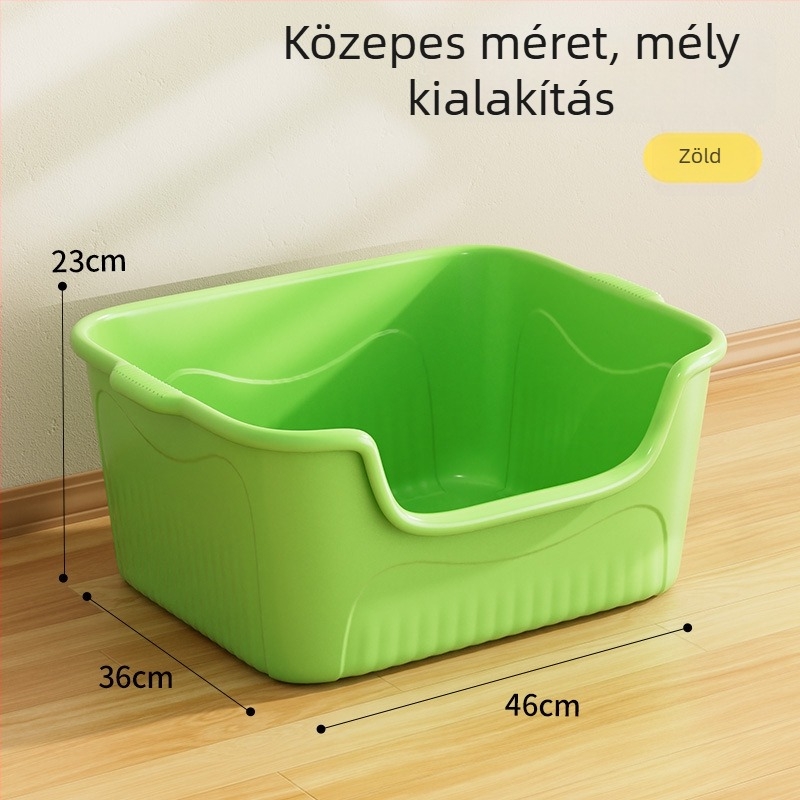 Óriási méretű nyitott macskaalomkuka, fröccsenés elleni védelemmel, félig zárt