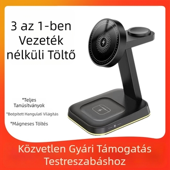 Apple mágneses vezeték nélküli töltő éjjeli fénnyel és asztali állvánnyal, QC3.0, 15W, 3A