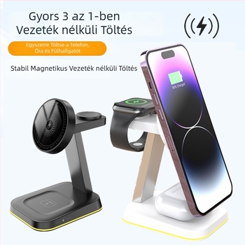 Apple mágneses vezeték nélküli töltő éjjeli fénnyel és asztali állvánnyal, QC3.0, 15W, 3A