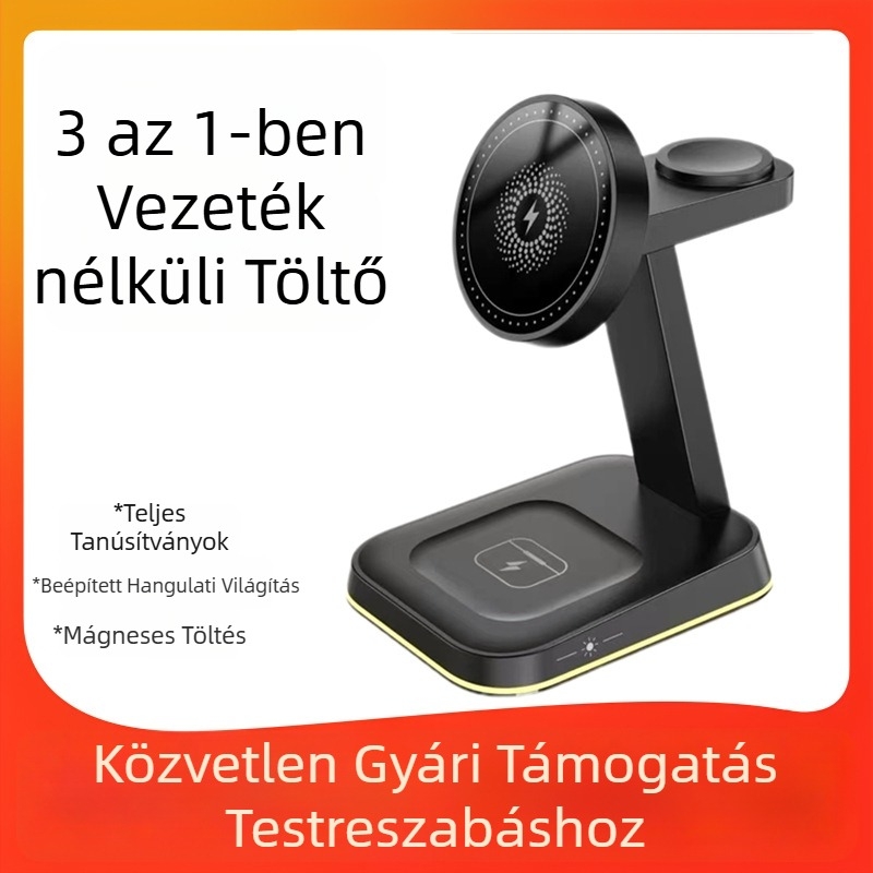Apple mágneses vezeték nélküli töltő éjjeli fénnyel és asztali állvánnyal, QC3.0, 15W, 3A