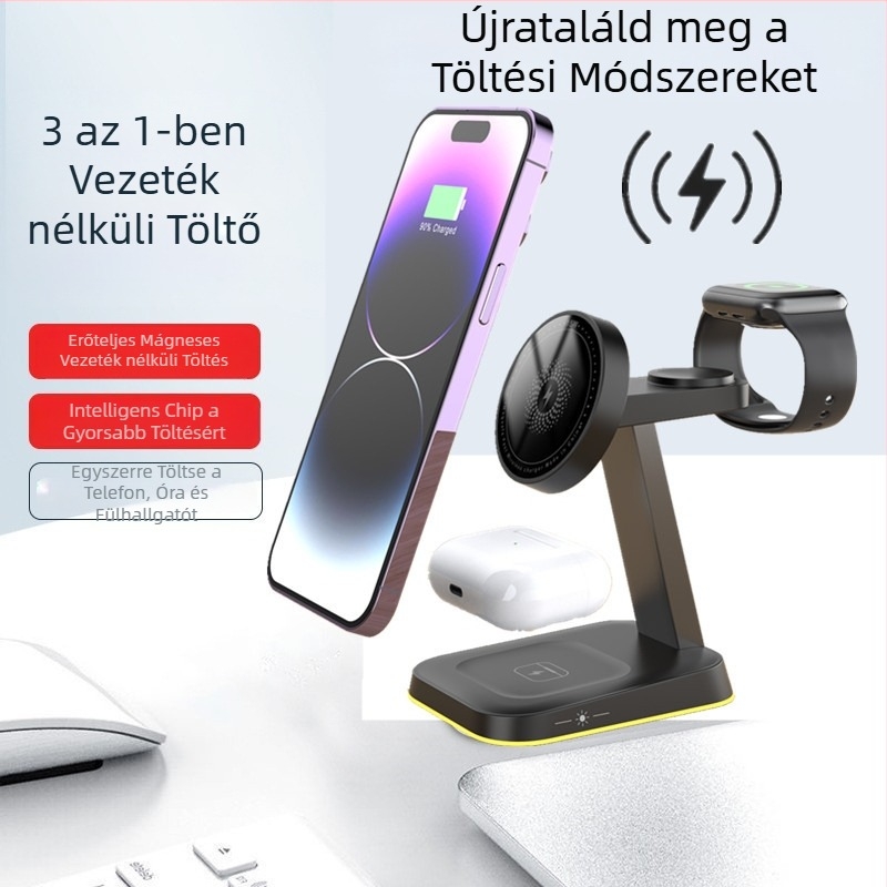 Apple mágneses vezeték nélküli töltő éjjeli fénnyel és asztali állvánnyal, QC3.0, 15W, 3A