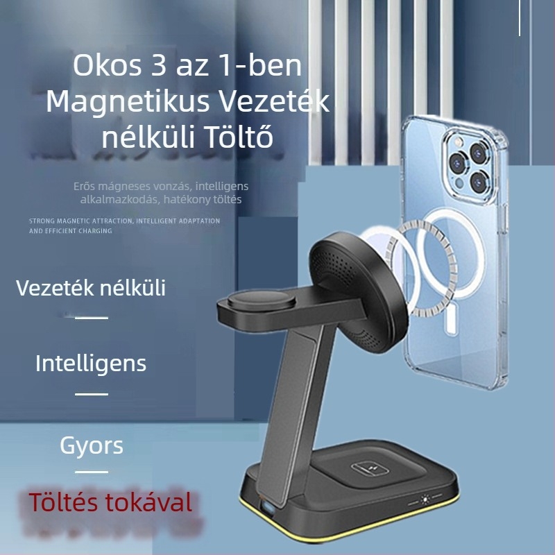 Apple mágneses vezeték nélküli töltő éjjeli fénnyel és asztali állvánnyal, QC3.0, 15W, 3A