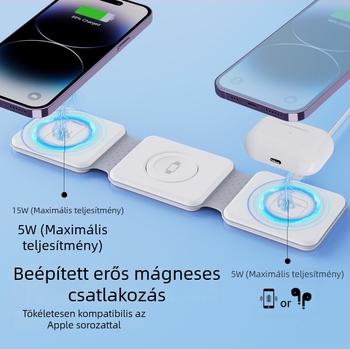 Összecsukható 3‑az‑1 mágneses vezeték nélküli töltő gyors töltéshez (kimenet 15W, összteljesítmény 20W, mágneses töltés, QC 3.0, 9V/2A-12V/2A)