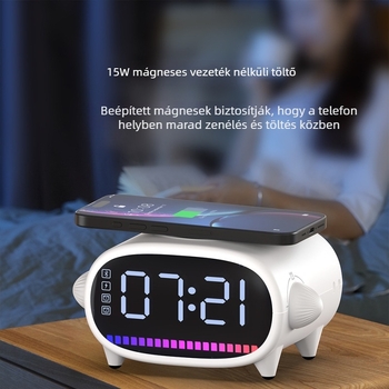 Öt‑in‑egy ébresztőóra Bluetooth hangszóróval, atmoszferikus éjszakai fény, asztali vezeték nélküli töltő; 5W–15W vezeték nélküli töltés, QC3.0 gyors töltés, mágneses töltés, 2.2A kimenet