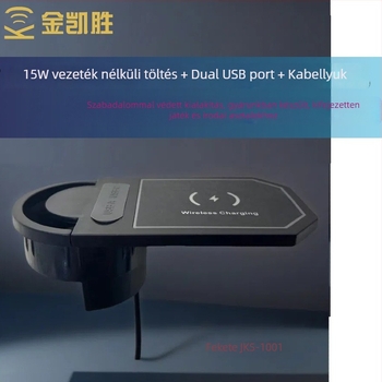 Beépített bútorokhoz tervezett 3-in-1 asztali töltő: nyílás a kábelek átvezetéséhez, két USB-port és 15W vezeték nélküli töltés, CE tanúsítvány