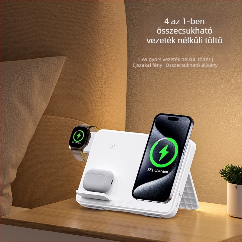 Négy az egyben vezeték nélküli töltő iPhone, AirPods és Apple Watchhoz mágneses hajtogatható dizájnnal és gyorstöltéssel, összteljesítmény 33W (telefon 15W, fülhallgató 2,5W) QC3.0