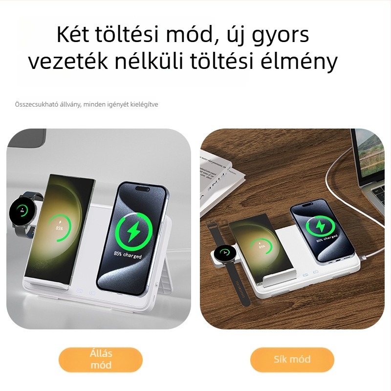Négy az egyben vezeték nélküli töltő iPhone, AirPods és Apple Watchhoz mágneses hajtogatható dizájnnal és gyorstöltéssel, összteljesítmény 33W (telefon 15W, fülhallgató 2,5W) QC3.0