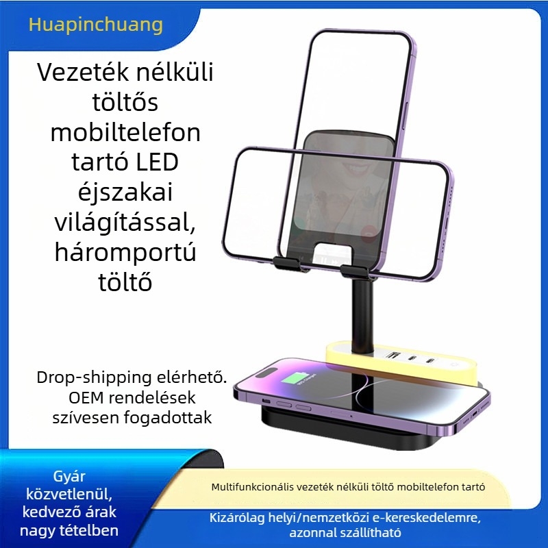 Vezeték nélküli töltő telefonhoz tartóval, 15W gyors töltés, LED éjjeli lámpa, háromportos asztali töltő