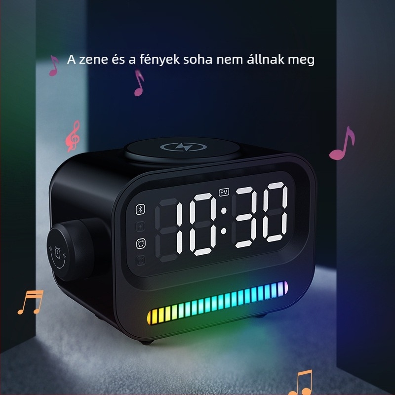 Digitális óra ébresztővel és beépített hangszóróval, vezeték nélküli töltő akár 15W, QC3.0 gyorstöltés és mágneses töltés