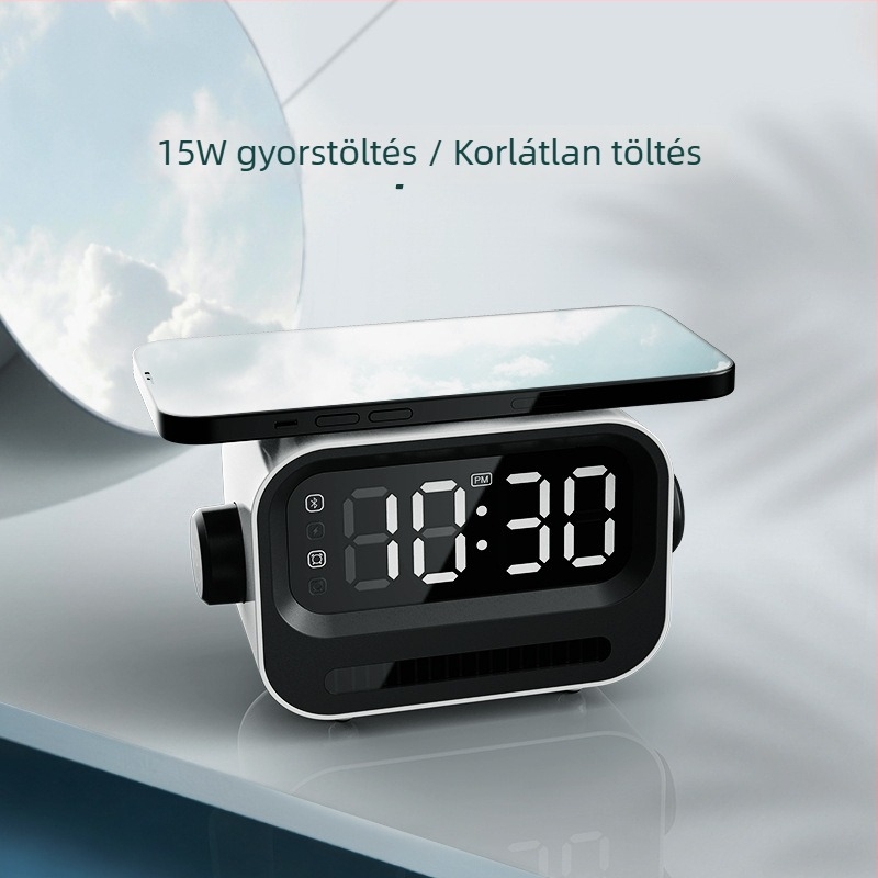 Digitális óra ébresztővel és beépített hangszóróval, vezeték nélküli töltő akár 15W, QC3.0 gyorstöltés és mágneses töltés