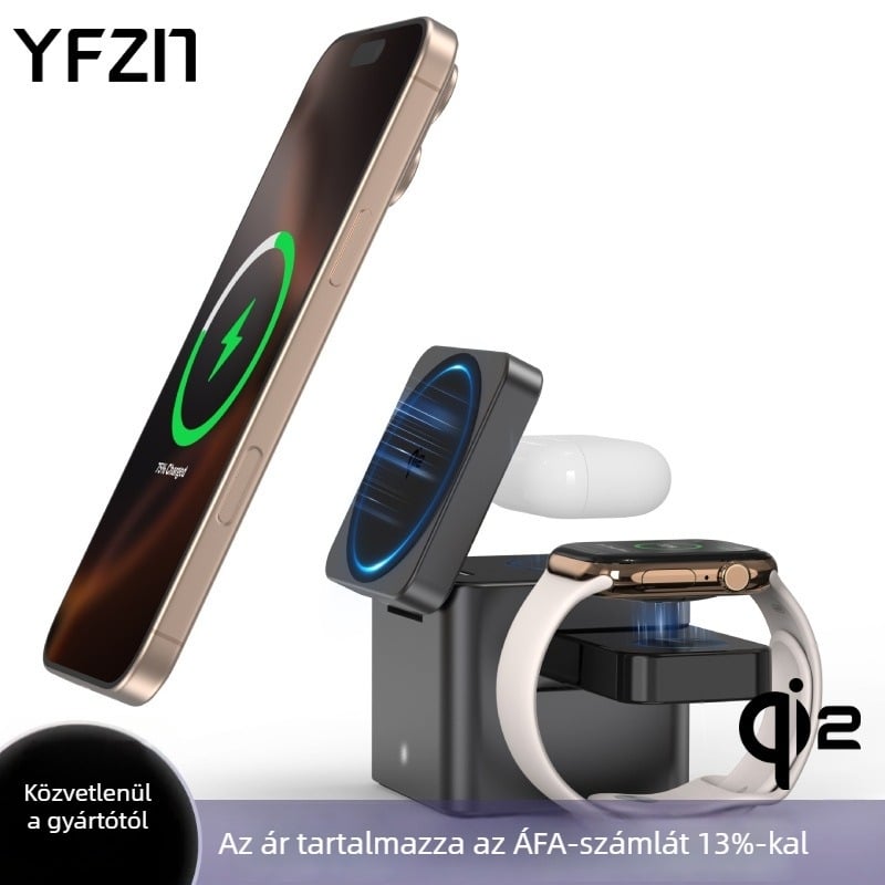 Qi2 tanúsított mágneses három‑in‑egy vezeték nélküli töltő – alumíniumötvözet és üveg kivitel, 15W gyors töltés, PD protokoll