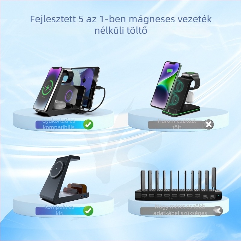 Öt az egyben mágneses töltőállvány Apple iPhone és iPad készülékekhez – Teljesítmény 36W, QC3.0 gyorstöltés, mágneses töltés, kimenet 9V2A