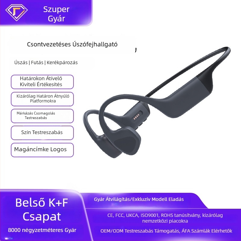 Csontvezetéses fülhallgató, fejpánt stílusú, IPX8 vízálló, Bluetooth 5.4, 10 m hatótávolság, 4–8 órás akkumulátor-élettartam