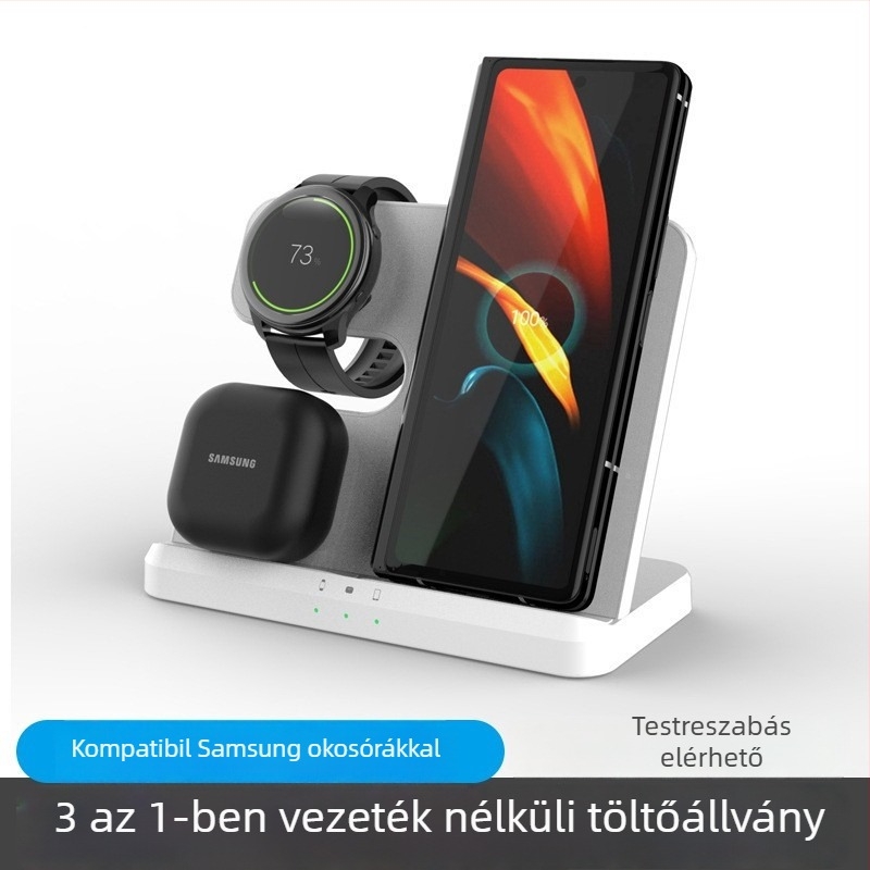 Asztali 3 az 1-ben vezeték nélküli töltőállvány telefonhoz, órához és fülhallgatóhoz – gyors töltés, max. 15W, tartomány 2.5–15W, QC3.0, 3A