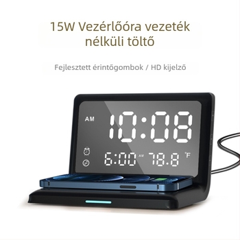3-in-1 vezeték nélküli óra töltő ébresztővel, digitális kijelző, Qi gyors töltés 15W-ig, Apple-kompatibilis