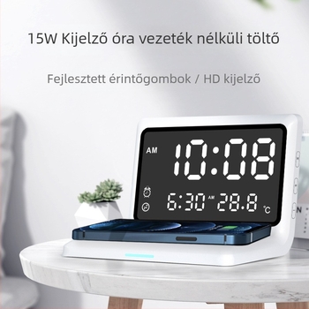 3-in-1 vezeték nélküli óra töltő ébresztővel, digitális kijelző, Qi gyors töltés 15W-ig, Apple-kompatibilis