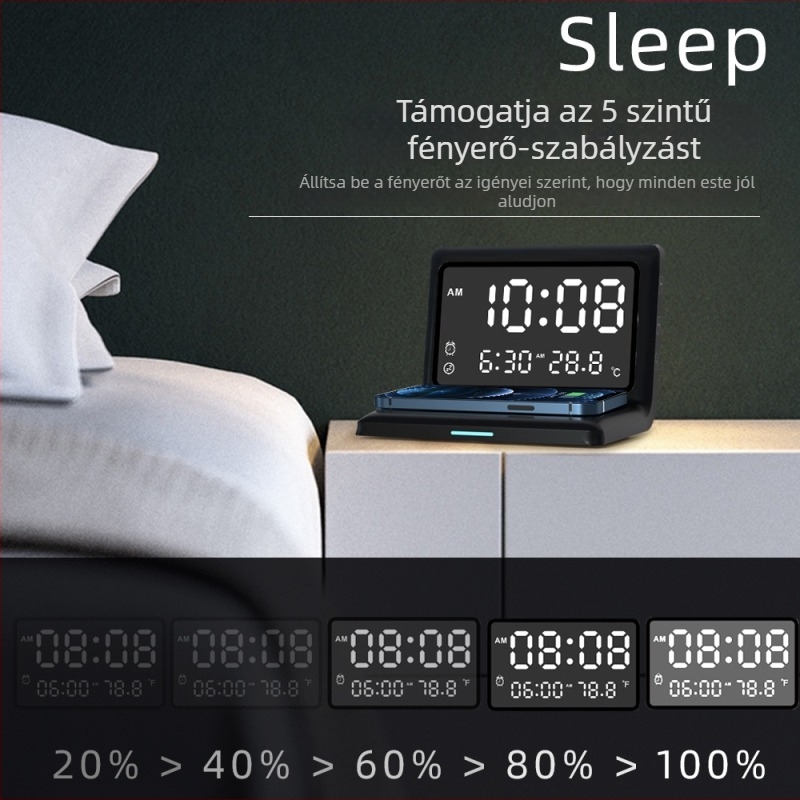 3-in-1 vezeték nélküli óra töltő ébresztővel, digitális kijelző, Qi gyors töltés 15W-ig, Apple-kompatibilis