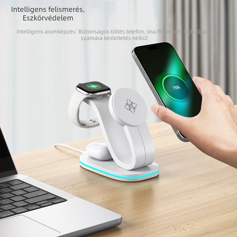 3 az 1-ben mágneses vezeték nélküli töltő Apple eszközökhöz – iPhone, AirPods és Apple Watch, 15W gyorstöltés, 2A kimenet, QC3.0