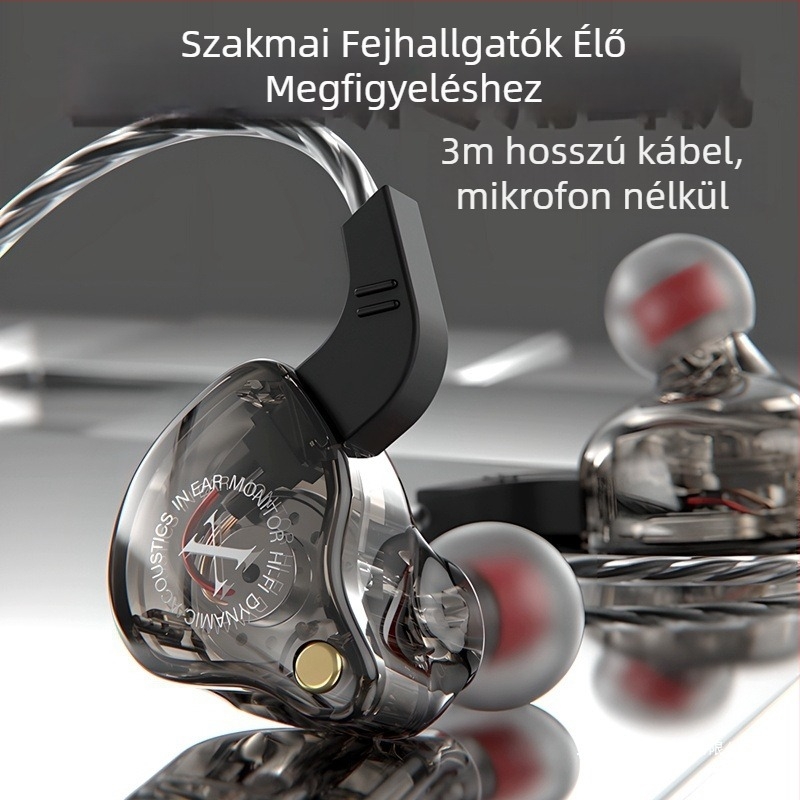 Vezetékes fülmonitorozó fejhallgató streamekhez, dedikált fülmonitor a számítógépes hangkártyával, 3,5 mm, 20–20000 Hz, 16 Ω