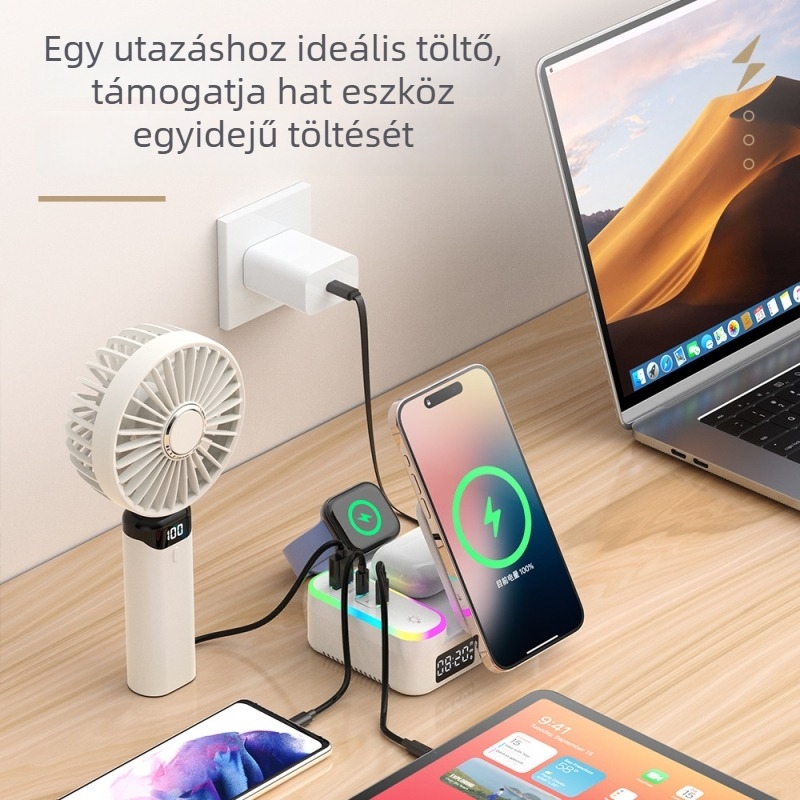 MagSafe-kompatibilis összecsukható vezeték nélküli töltő, 80 cm-es kihúzható kábel, 1 USB-A és 2 USB-C port, PD gyors töltés, digitális óra kijelző