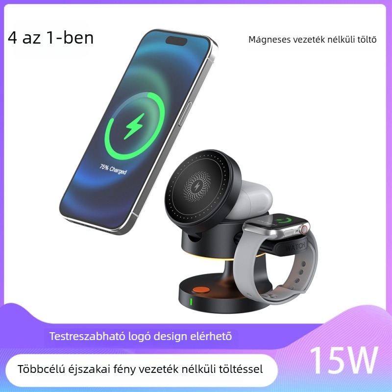 Vezeték nélküli töltő éjjeli lámpával okosórákhoz és Bluetooth fülhallgatókhoz, Qi 3.0, 15W kimenet, mágneses töltés, összecsukható