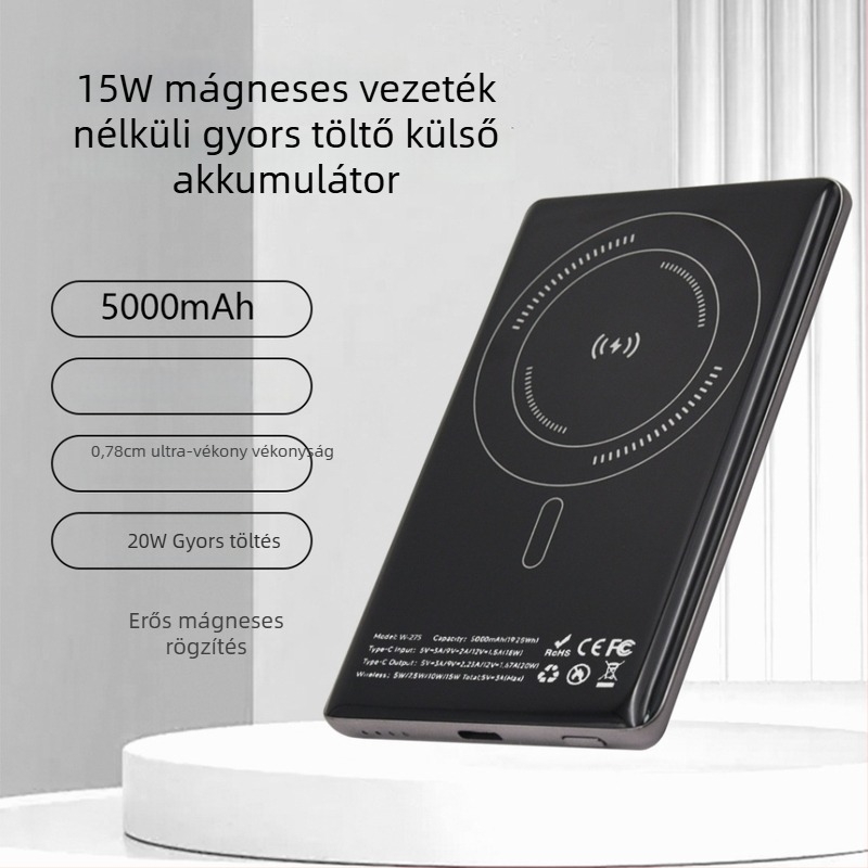 Vezeték nélküli Power Bank 5000mAh mágneses MagSafe, 15W töltés, PD 20W gyors töltés, kimenet 3A