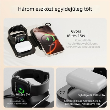 Mágneses, összecsukható 3-in-1 vezeték nélküli töltő iPhone-hoz, Apple Watch-hoz és fülhallgatókhoz, 15W, QC 3.0, 3A