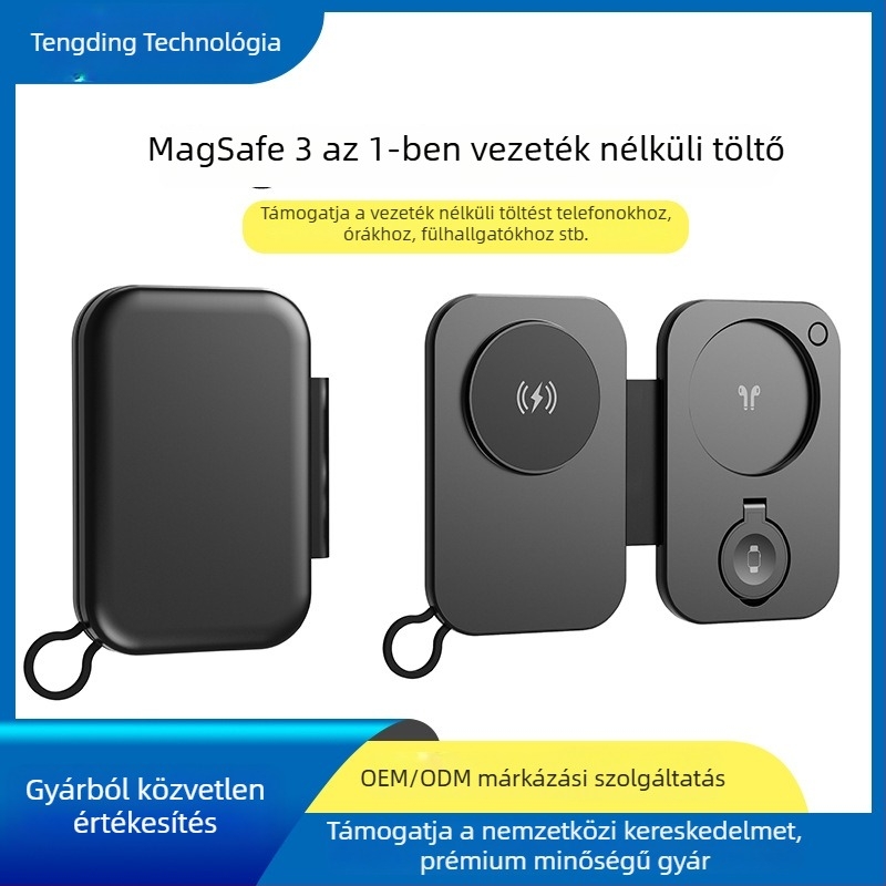 Mágneses, összecsukható 3-in-1 vezeték nélküli töltő iPhone-hoz, Apple Watch-hoz és fülhallgatókhoz, 15W, QC 3.0, 3A