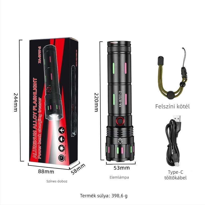 Kétfunkciós horgász LED-fényszóró lézerrel, Type-C töltés, alumínium ötvözet test, 5400mAh, 30W