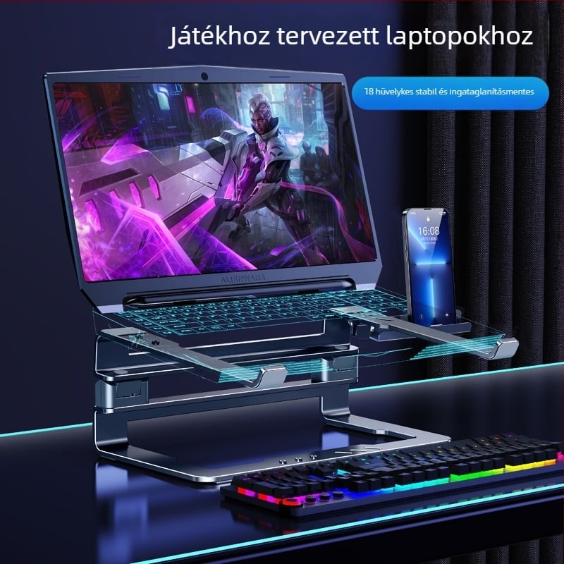 Asztali laptop-tartó 04118, alumíniumötvözet, univerzális kompatibilitás, függőleges kialakítás, hűtés