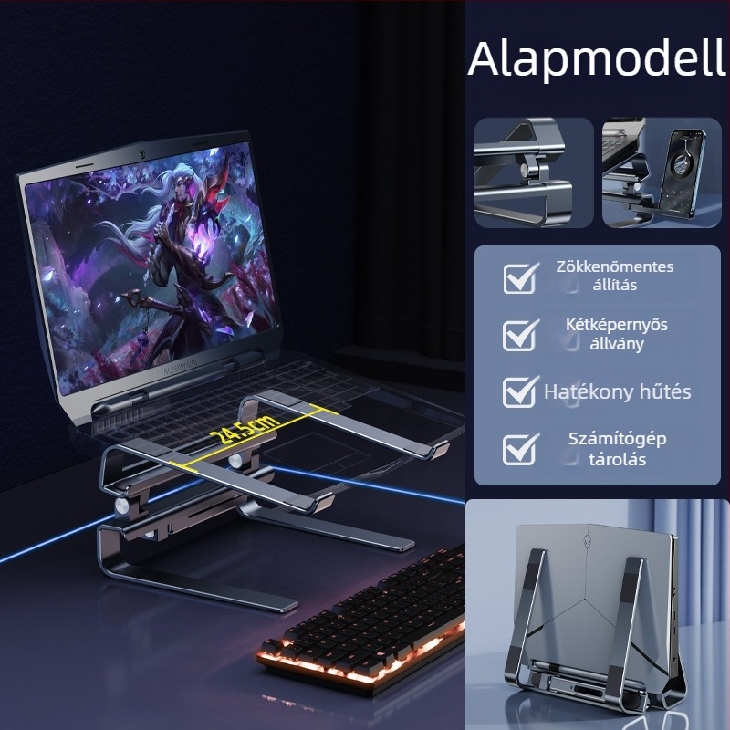 Asztali laptop-tartó 04118, alumíniumötvözet, univerzális kompatibilitás, függőleges kialakítás, hűtés