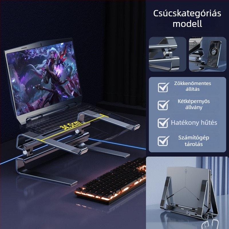 Asztali laptop-tartó 04118, alumíniumötvözet, univerzális kompatibilitás, függőleges kialakítás, hűtés
