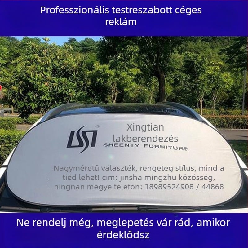 Autó napvédő a szélvédőre – egyedi kivitelezés logónyomtatással, ezüst szalag anyag, teleszkópos felszerelés