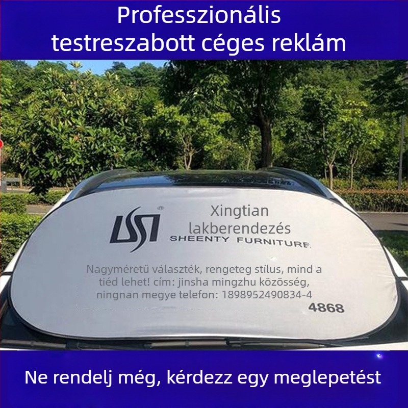 Autó napvédő a szélvédőre – egyedi kivitelezés logónyomtatással, ezüst szalag anyag, teleszkópos felszerelés