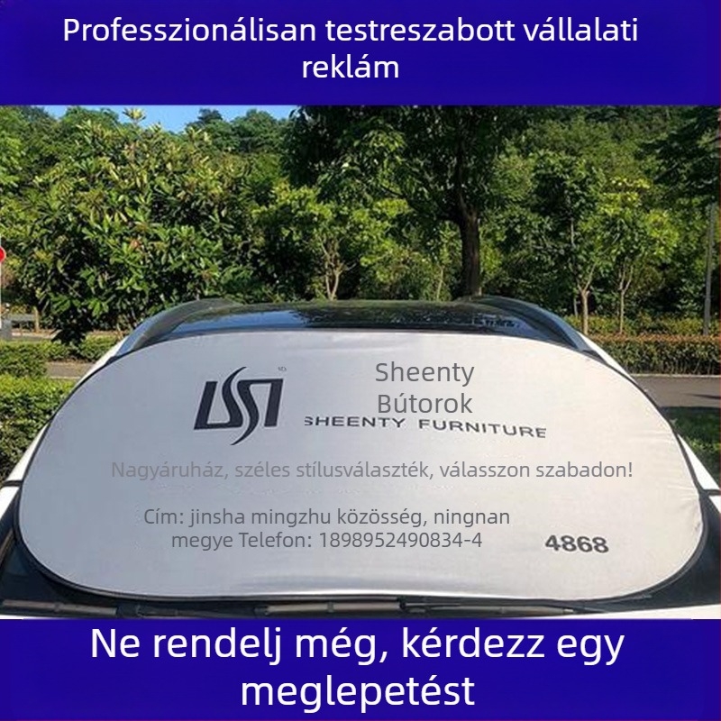 Autó napvédő a szélvédőre – egyedi kivitelezés logónyomtatással, ezüst szalag anyag, teleszkópos felszerelés