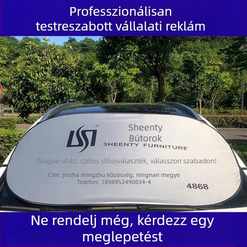 Autó napvédő a szélvédőre – egyedi kivitelezés logónyomtatással, ezüst szalag anyag, teleszkópos felszerelés